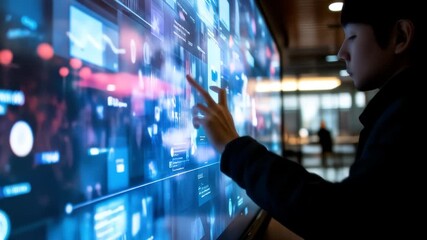 Asian businessman interacts with a dynamic holographic touch screen, navigating data charts, and - Powered by Adobe