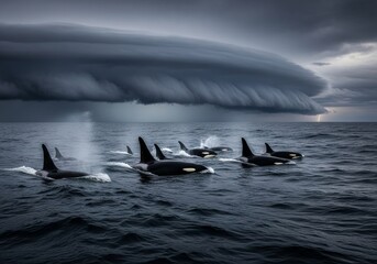 Wide view of orca whales moving together across open ocean under stormy sky