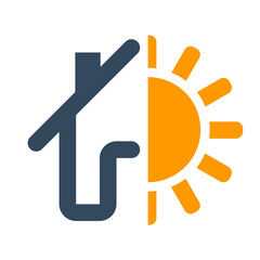 house building icon with sun symbol, air conditioning pictogram, hot weather sign