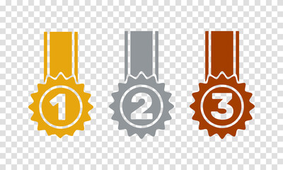 1st 2nd 3rd place awards, golden silver bronze medals with ribbon, flat solid vector set, transparent background