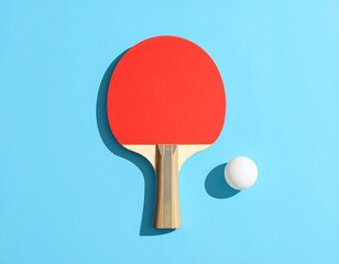 Red table tennis racket and a white ball on a blue background representing a sports concept