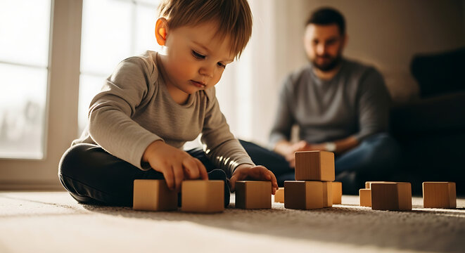 Adorable toddler boy engrossed in playing with wooden building blocks on the floor as his father watches him in a sunlit living room - Powered by Adobe
