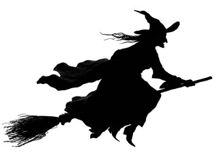 Silhouette of a witch flying on a broomstick against a white background, with flowing robes and a pointed hat.

