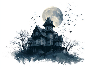 Haunted Victorian mansion with a full moon and swirling bats, isolated on white background, gothic atmosphere, eerie scene.

