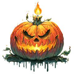 Sinister Jack-o-lantern with candle on top, illustrative style, menacing expression, glowing from inside, Halloween decoration, front view.

