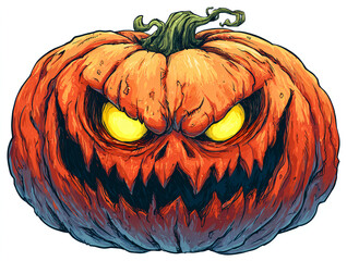 Jack-o'-lantern with a wicked grin and glowing yellow eyes, isolated on a white background. The carving is detailed with sharp teeth and furrowed brow, giving it a sinister appearance.

