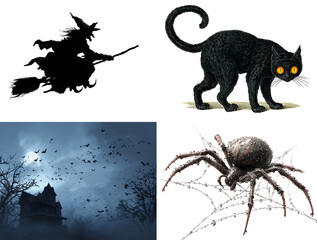 Halloween image sticker pack isolated on transparent background, skeleton, ghost, zombie hand, spider, symbols of the Halloween