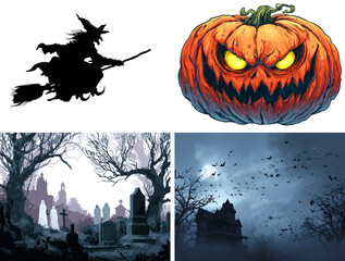 Halloween image sticker pack isolated on transparent background, skeleton, ghost, zombie hand, spider, symbols of the Halloween