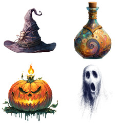 Halloween image sticker pack isolated on transparent background, skeleton, ghost, zombie hand, spider, symbols of the Halloween