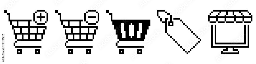 Poster pixel set shopping icon vector. ideal for e-commerce, retail, and mobile app themes. a unique collec