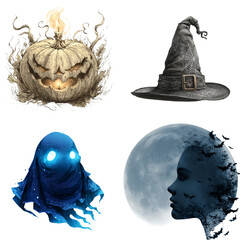 Halloween image sticker pack isolated on transparent background, skeleton, ghost, zombie hand, spider, symbols of the Halloween