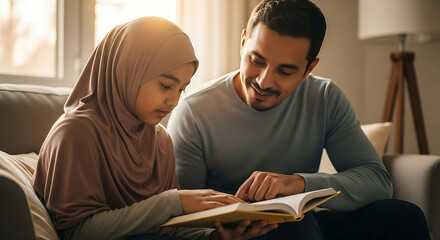 Loving Muslim father helping his daughter wearing a hijab with reading a book while sitting together on a sofa at home