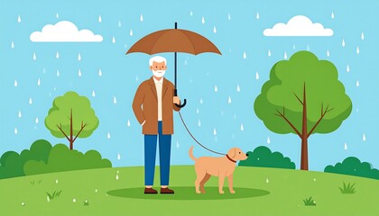 Elderly man with dog in park during rain