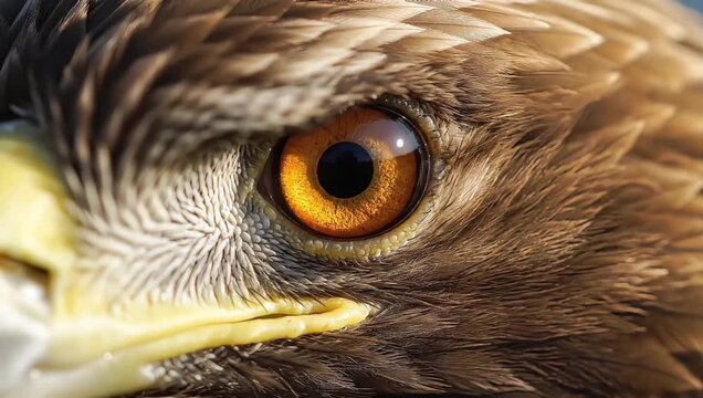 A stunning close-up of a golden eagle's eye, revealing intricate details of its feathers and the powerful, piercing stare of a wild predator