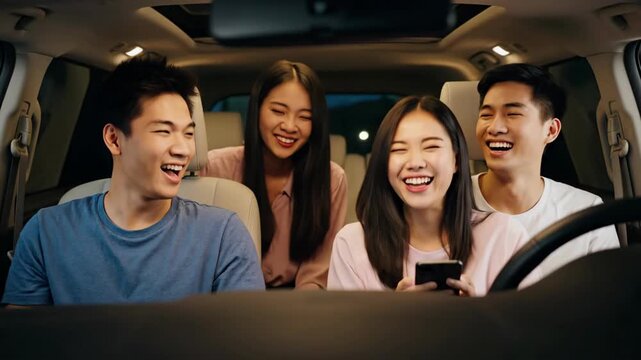 Friends Enjoying Moment Together Inside a Car at Night