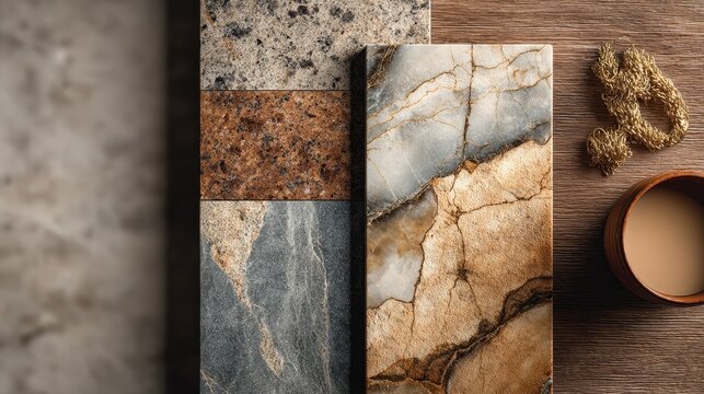 Modern split-screen concept showcasing granite, quartz, marble, and quartzite countertops side by side with luxurious surface details, warm golden lighting, elegant design, and high-end interior style