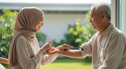 Caring daughter in hijab explains a modern health monitoring device to her senior father in a sunlit home setting