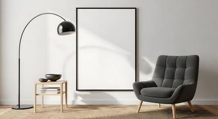 Modern minimalist living room interior design with armchair and floor lamp mockup poster