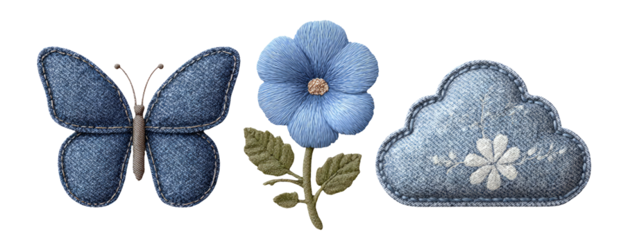 Detailed Embroidery Elements Featuring Butterfly, Flower, and Cloud Design