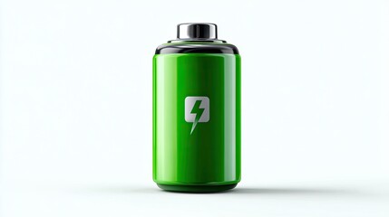 Obraz premium Energized Power Cell: A vividly colored power cell, depicted with a vibrant green hue and an electrifying charge symbol, radiates energy.