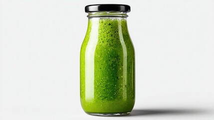 Green Smoothie in Glass Bottle: A refreshing green smoothie in a clear glass bottle, a health drink ready to energize the day. 
