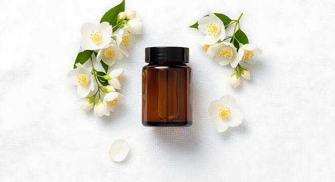 Aromatic elixir in amber glass bottle surrounded by delicate jasmine blooms