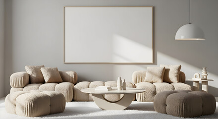 Modern Minimalist Living Room Interior Design Mockup with Beige Sofa and Large Blank Canvas for Your Artwork or Branding