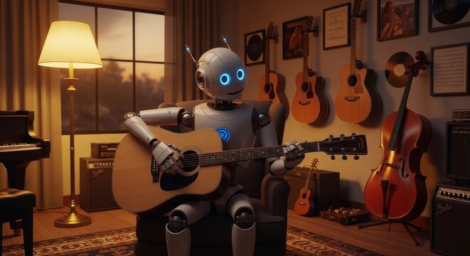 A robot sits playing an acoustic guitar in a music room surrounded by instruments and décor