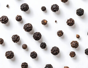 Obraz premium Black Peppercorns on White Background, Dried Spice for Cooking and Seasoning