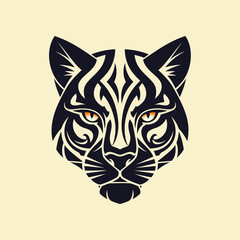 A stylized black tribal cat head with piercing amber eyes.