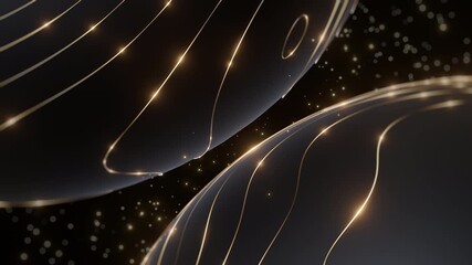 Futuristic glowing golden spheres with curved light lines and sparkles on dark background, ideal for AI, metaverse, luxury tech, digital design, and abstract visuals. - Powered by Adobe