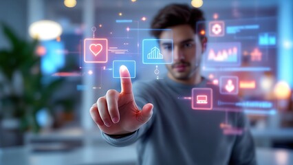 Man interacting with holographic interface touching