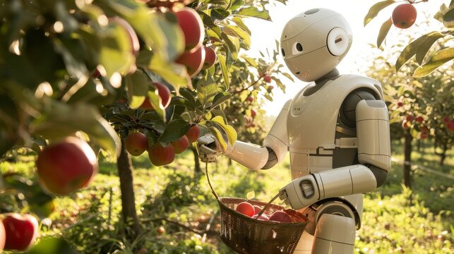 A white robot in an orchard harvests red apples placing them in a wicker basket Sunlight filters through the trees