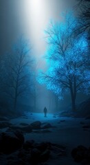 Mysterious glowing forest path with a lone traveler