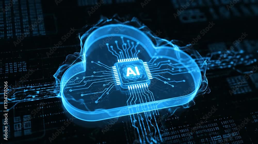 Poster glowing blue cloud icon with embedded ai chip symbolizing digital transformation, artificial intelli