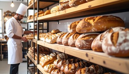 Artisan baker proudly displays a variety of freshly baked bread loaves on wooden shelves, highlighting the craft and delicious aroma of a traditional bakery setting