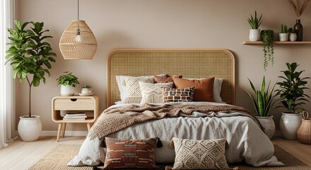 Cozy bedroom interior with rattan headboard plants and textured pillows