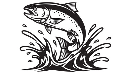 Stylized Black and White Salmon Leaping Upward with an Open Mouth