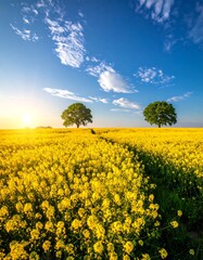 Obraz premium Sunrise over a vibrant yellow field