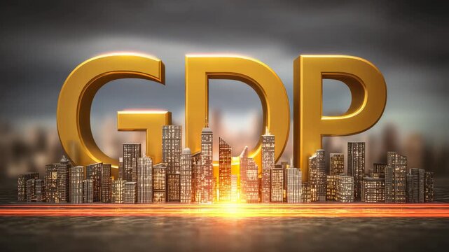 Golden GDP Text Shines Above Illuminated Cityscape with Streaking Lights.