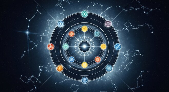 Cosmic wheel of destiny unfolds with celestial symbols and star constellations, guiding your journey.