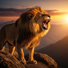Majestic Lion Roaring on Mountain Peak at Sunset