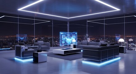 Modern luxury apartment with panoramic city views at night featuring futuristic holographic display and neon lighting