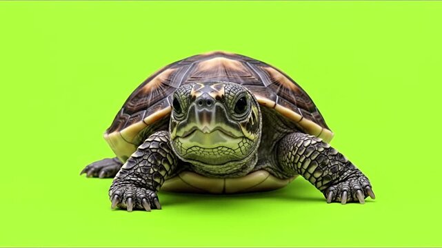 A small turtle with a patterned shell and dark eyes looks directly at the camera against a vibrant green background.