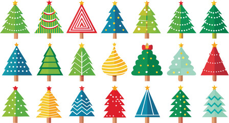 Christmas trees set isolated on transparent background. Colorful winter trees bundle for holiday xmas and new year. Vector illustration