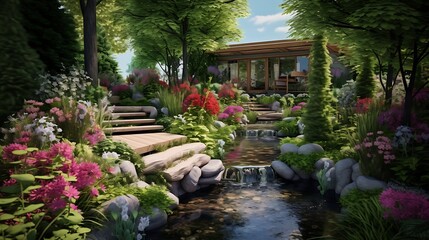 Tranquil retreat: Lush backyard garden with stream and modern architecture integration