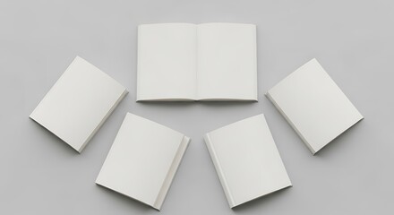 Minimalist mockup featuring open and closed white books on grey surface
