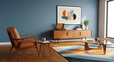 Fototapeta premium Mid century modern living room with leather armchair wood credenza and abstract
