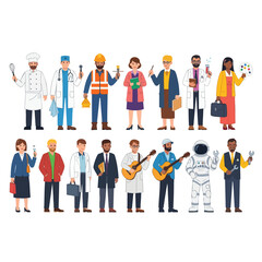 Collection of diverse cartoon characters representing various professions jobs and occupations.