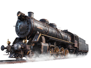 Obraz premium Angled perspective vintage steam locomotive train isolated on transparent background PNG